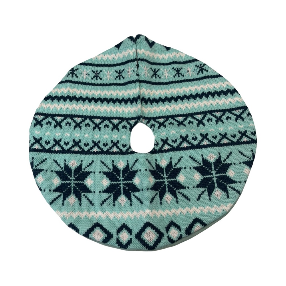 Norwegian Snowflake Knit Christmas Tabletop Tree Skirt Turquoise Teal Blue 18"